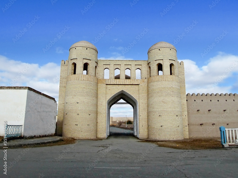 South gates Chihlar in Khiva, Uzbekistan. This is part of Ditchan Kala, outer fortress of city. Gates are far enough from center of city, & not so often visiting by tourists, though it's UNESCO object