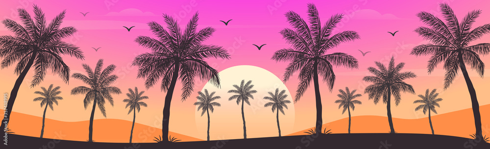 Sunset on the beach with palm trees - obrazy, fototapety, plakaty 