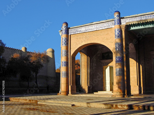 Facade of former summer Khan palace called Nurullabay (now museum), Khiva, Uzbekistan. Though building is decorated by typical eastern ornaments, it was built as mix of Khoresm & Western traditions photo