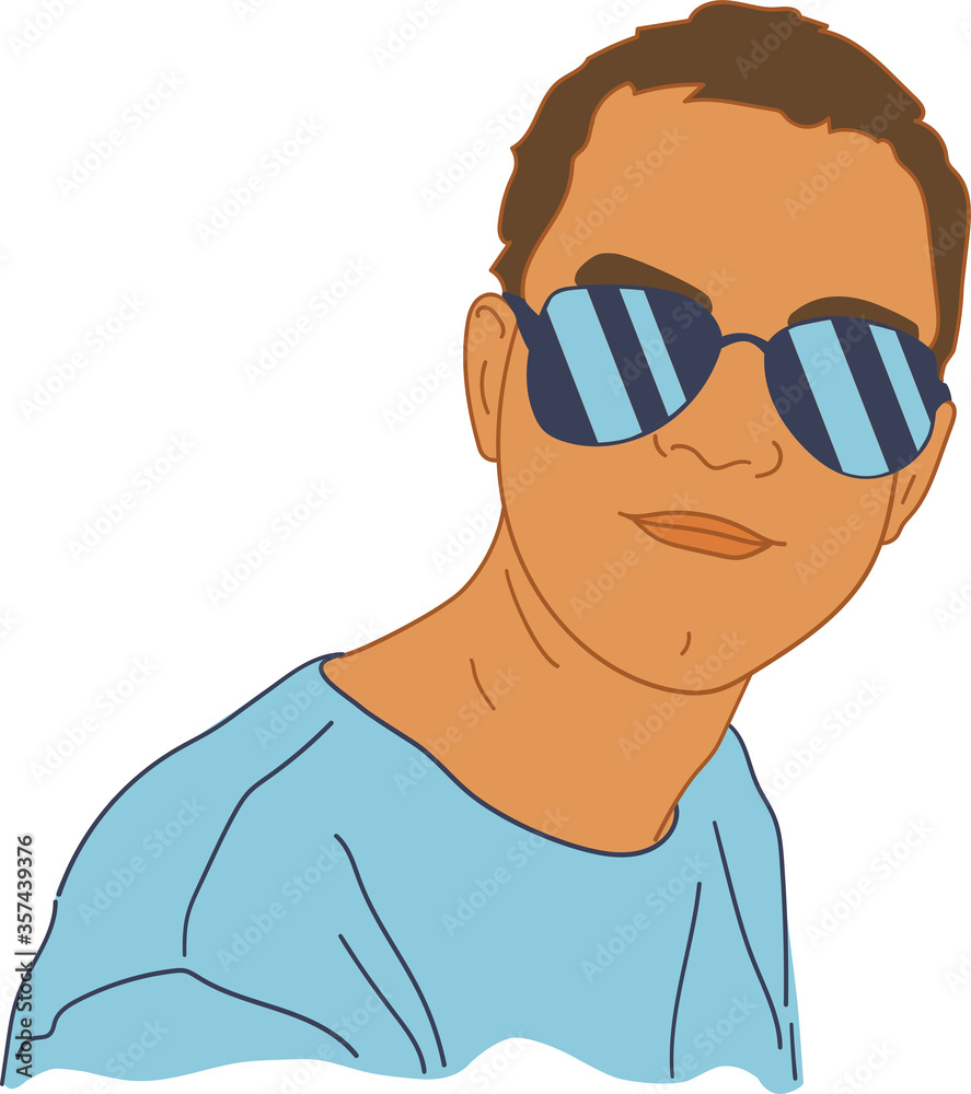 Vector portrait of a young man wearing sunglasses. Summer season theme. Young handsome man in blue t-shirt.