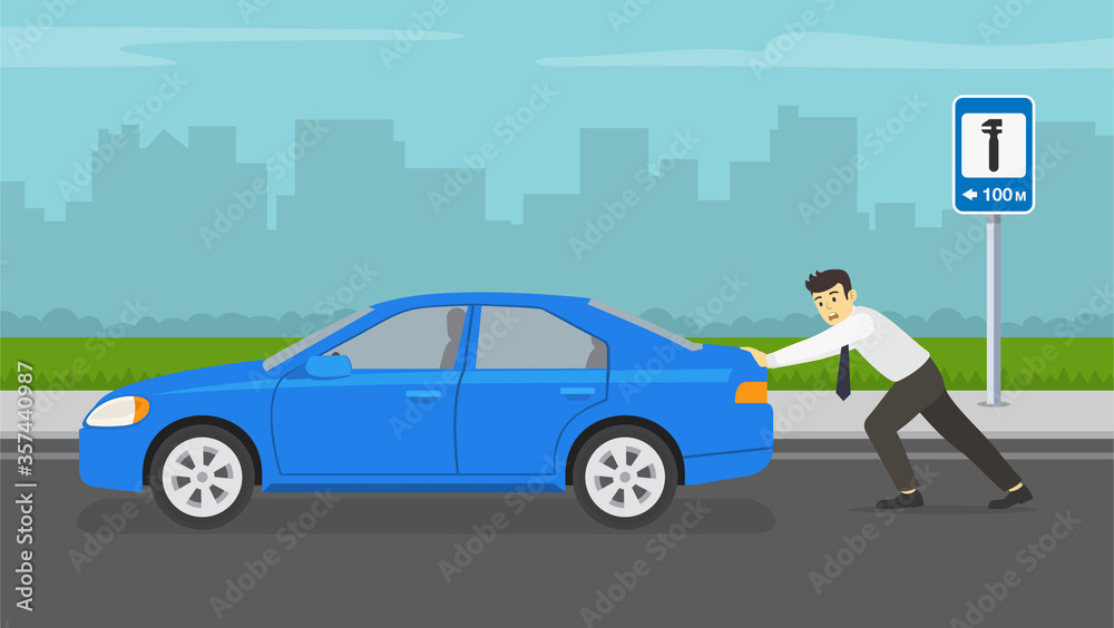Businessman or manager pushing a broken car on city road. Summer time. Flat vector illustration.