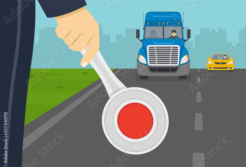 Hand holding a rod. Traffic police officer on highway. Flat vector illustration.