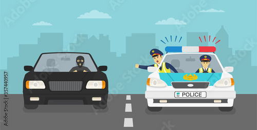 Police chasing criminal in a car on the highway. Flat vector illustration.