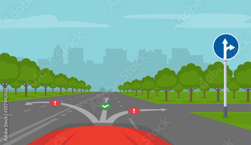 Driving a car. Proceed straight or turn right traffic sign. Car on highway. Flat vector illustration.