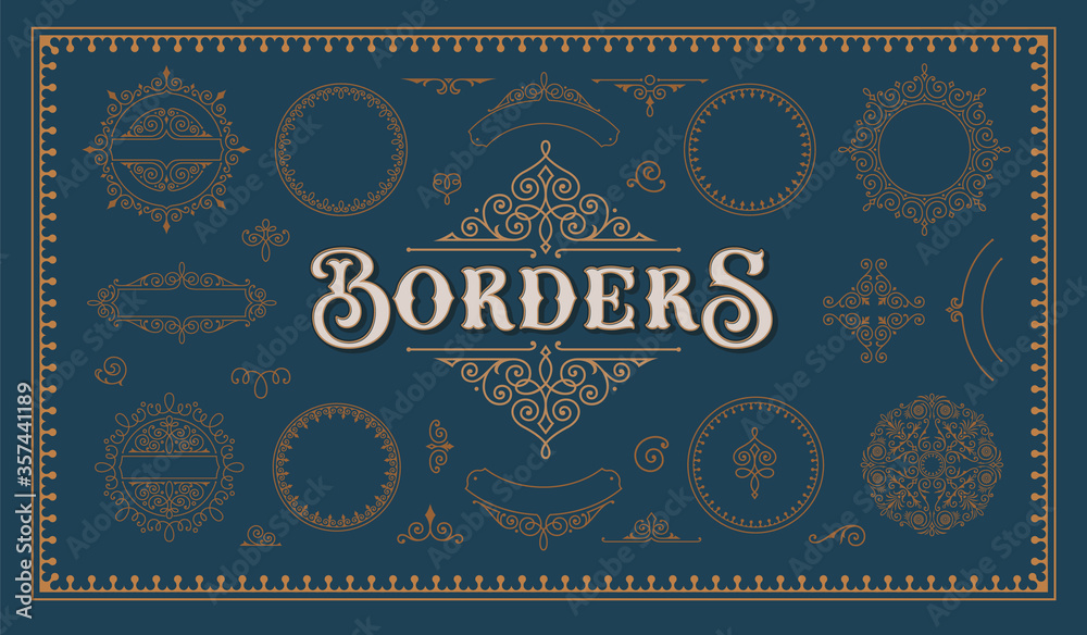 A set of vintage borders and design elements for packaging and decoration.