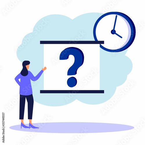 Vector illustration of presentation in a meeting room, illustration of frequently asked questions about exclamation and question marks, answers to metaphorical questions.