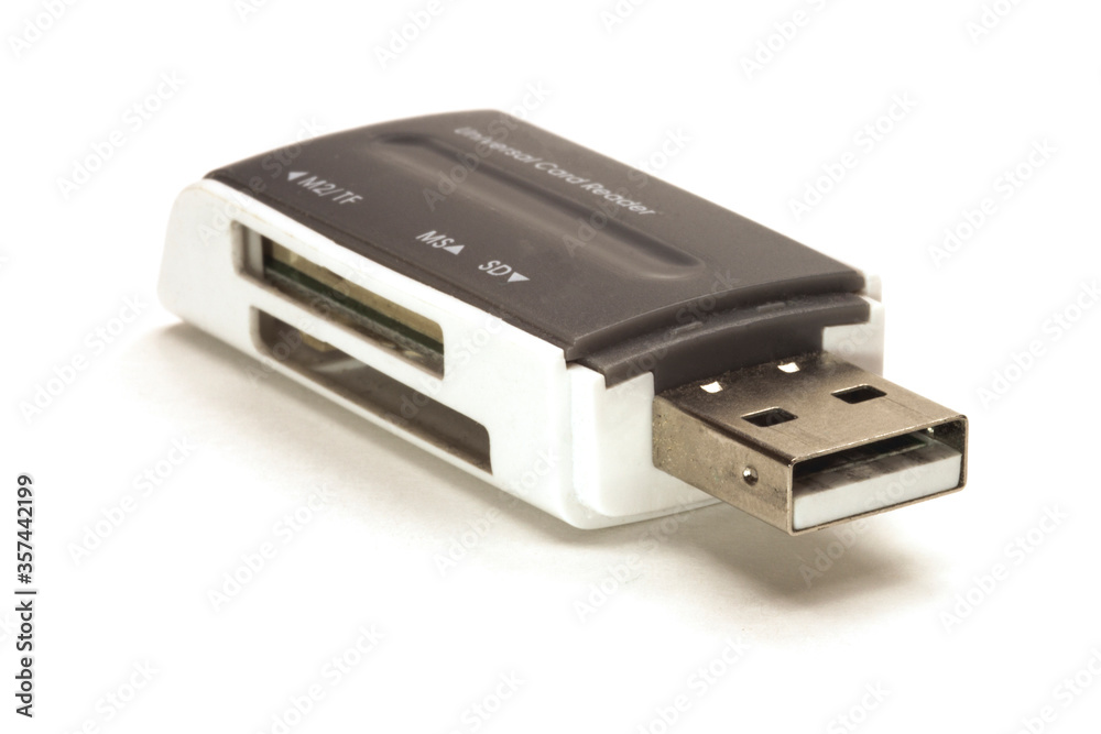 Flash memory card reader USB, isolated on white background Flash memory card reader USB, isolated on white background