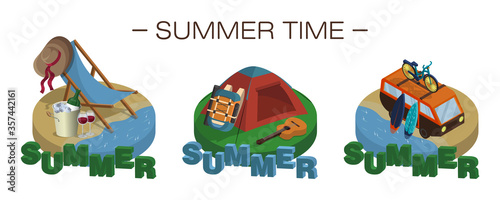 Set of vector isometric illustration on theme summertime activities. Isolated 3d icon on white background. Deck chair on beach. Travel van with bicycle and two surfboards. Tent, backpack and guitar