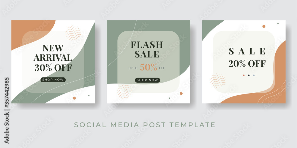 Set of social media post templates in green and orange color of the earth tone. Fashion and lifestyle blog templates, web banners, brochure designs. Background with copy space for text and images.