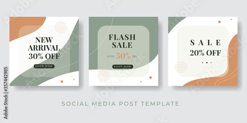 Set of social media post templates in green and orange color of the earth tone. Fashion and lifestyle blog templates  web banners  brochure designs. Background with copy space for text and images.