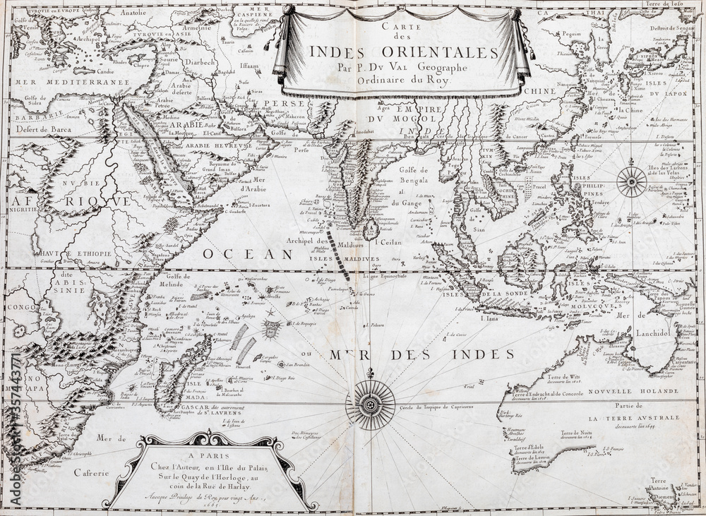 Old map of  Indian Ocean - From an 1656 Atlas of Geography from P. du Val - France (Private collection)