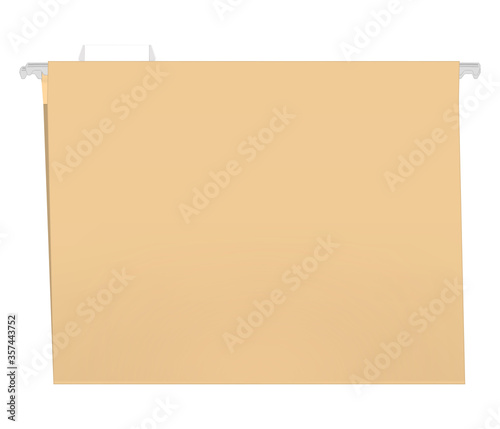 Closed kraft paper hanging file folder with cut plastic tab and label insert, vector illustration