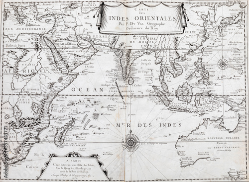 Old map of Indian Ocean - From an 1656 Atlas of Geography from P. du Val - France (Private collection)