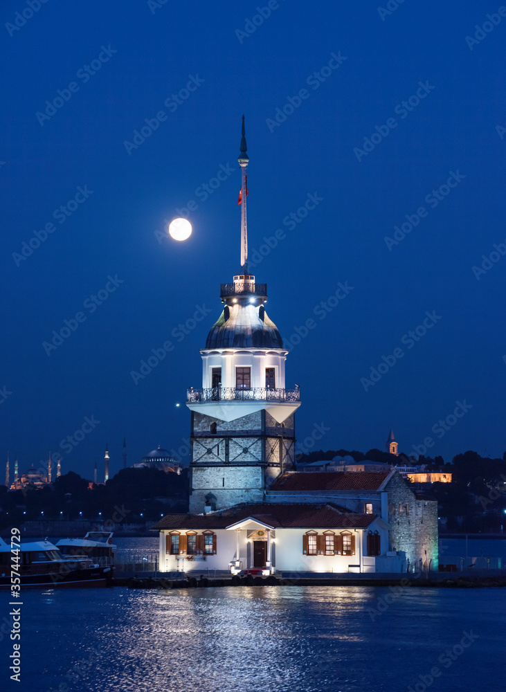 Maiden's Tower with moonset fullmoon view. Istanbul, Turkey (KIZ KULESI - USKUDAR)