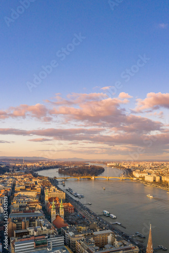 Aerial drone sunset view of Margitsziget Margret Island in Danube river in Budapest