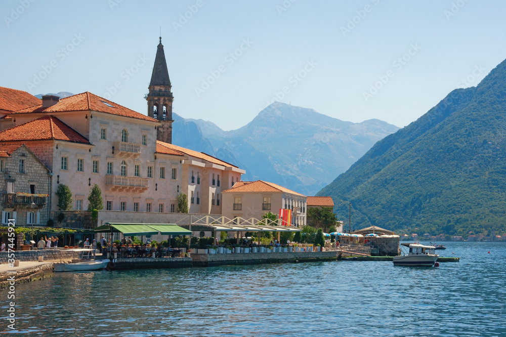 Sunny autumn day in ancient town of Perast. Montenegro, Kotor Bay