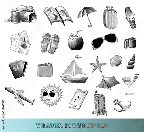 Travel icons set hand drawing vintage style black and white clip art isolated on white background