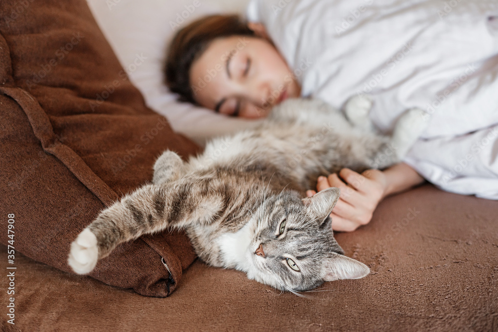 Owner girl sleeps in a cozy bed next to her favorite yawning pet cat.
