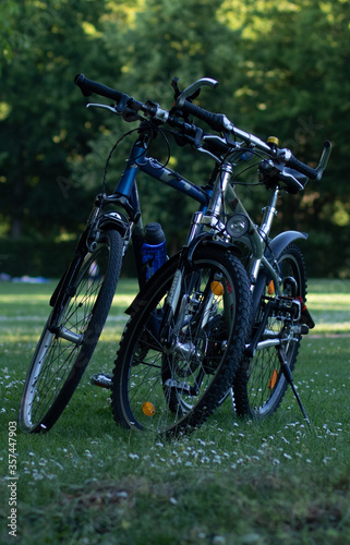2 Fahrräder stehen im Gras im Park
