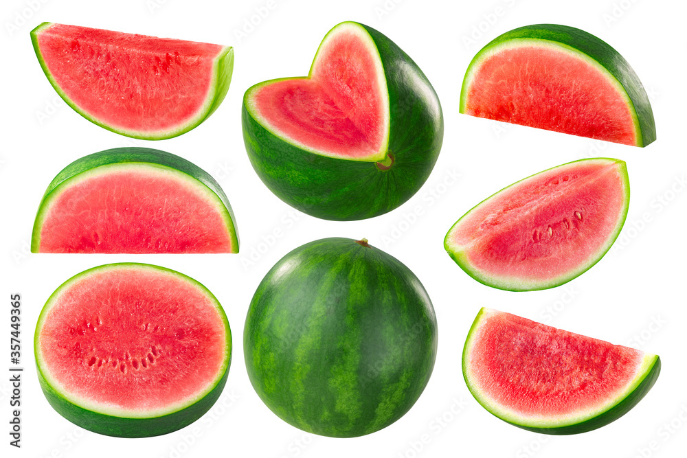 Watermelon, a fruit of Citrullus lanatus, whole, cut, slices and wedges, isolated w clipping paths Watermelon, a fruit of Citrullus lanatus, whole, cut, slices and wedges, isolated w clipping paths