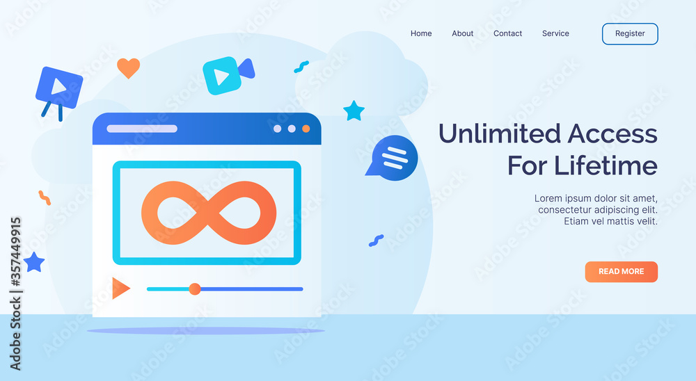 Unlimited access lifetime for campaign web website home homepage landing page template with filled color modern flat style design