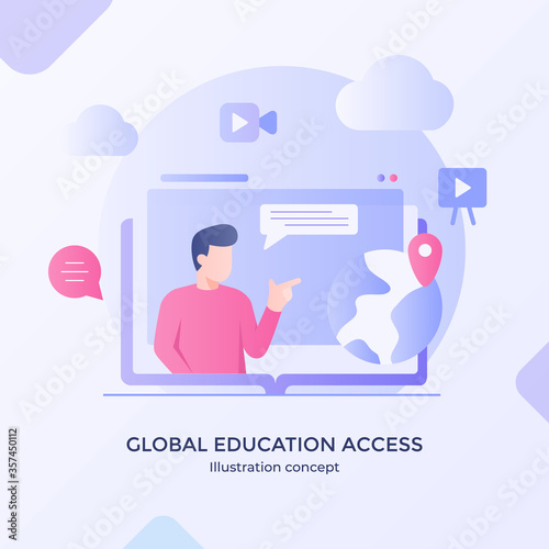 Global education access international development training with modern flat cartoon style.