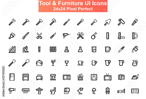 Tool and furniture UI icons set. Construction tools, kitchen technics and science research line pictograms for mobile app GUI. Simple UI, UX elements. 24x24 grid pixel perfect vector lined icon pack.
