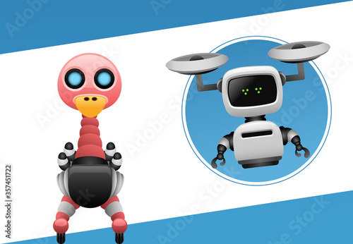 Cute robot character with ostrich robot.Vector illustration of robotic farm technology for ostrich industry.