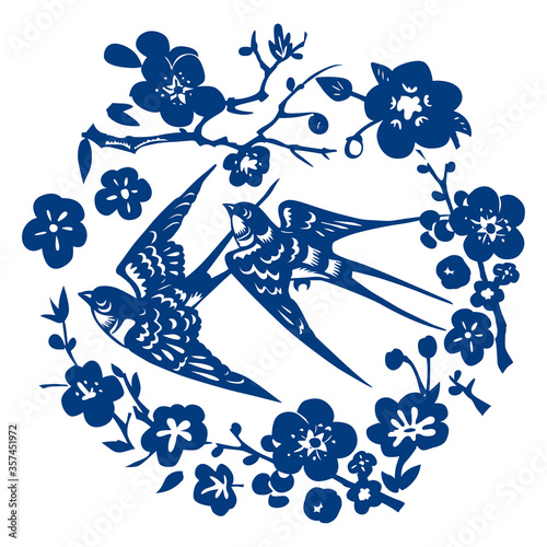 Vector Chinese Classic Blue Traditional Paper Cutting or Porcelain Seamless Pattern. Swallow Bird & Floral Pattern.