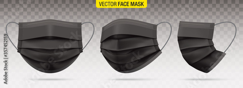 3 ply surgical face masks isolated on a transparent background. Vector set of disposable black medical masks. Corona virus protection mask with ear loop, in a front, three-quarters, and side views.
