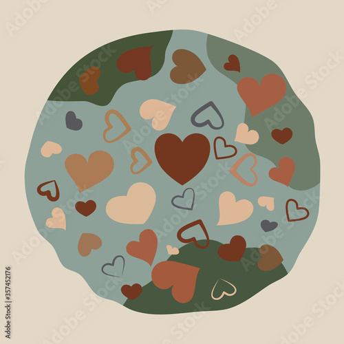 Different color hearts on earth background. Black live matter. Concept equality right of black people. Vector illustration in flat design.