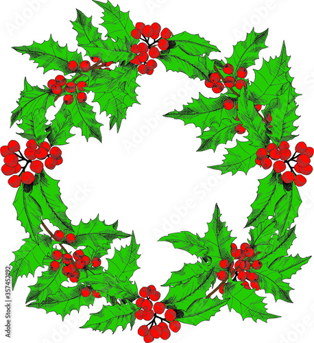 Holiday's postcard. Wreach of hand-drawn, colored holly branches. Vector illustration.