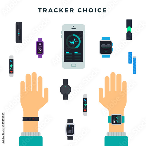 Choice of different fitness bracelets, gadget with app and hands vector illustration in flat design.