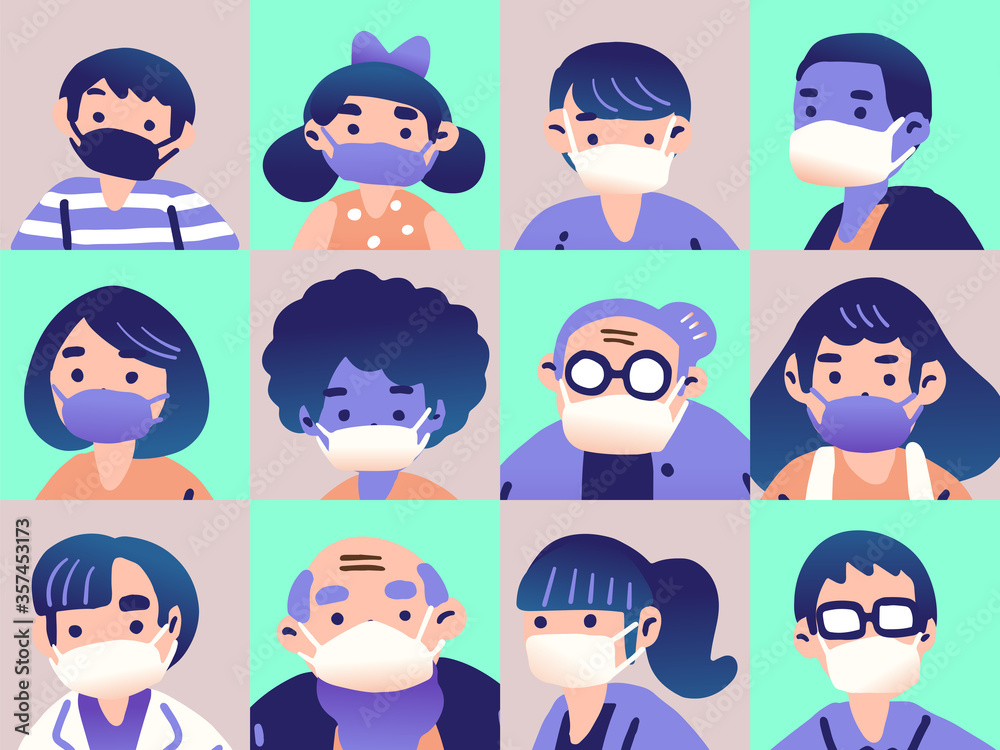 Coronavirus, COVID-19. People in various age and ethnic group with white and black face mask. Vector cartoon illustration Coronavirus, COVID-19. People in various age and ethnic group with white and black face mask. Vector cartoon illustration