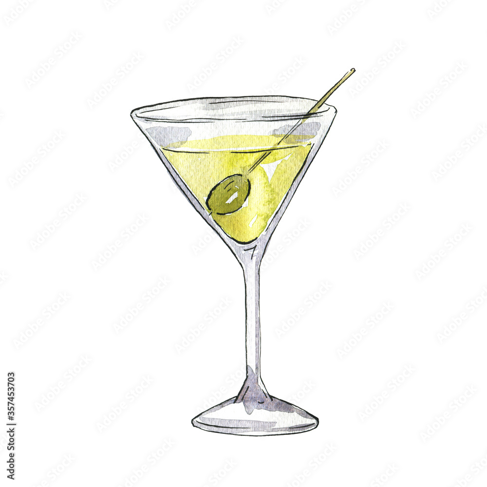 Glass with yellow cocktail or wine isolated on white background. Hand drawn watercolor and ink illustration.