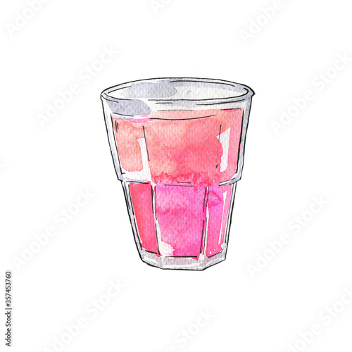 Glass with pink drink isolated on white background. Hand drawn watercolor and ink illustration.