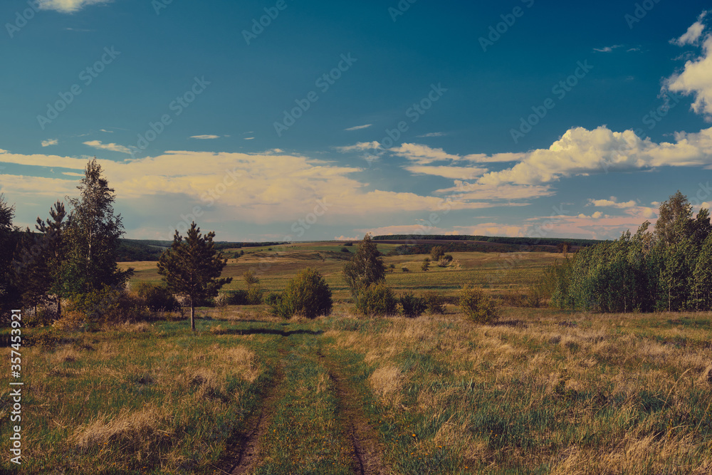 Landscape of central Russia agricultural countryside with  country road. Summer landscape of the Samara valleys. Russian countryside.