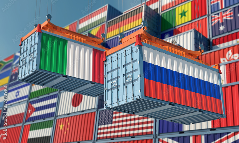 Freight containers with Italy and Russia flag. 3D Rendering 