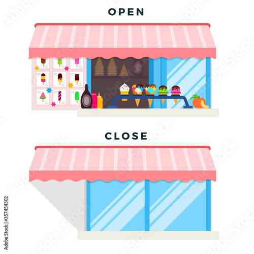 Ice cream shop with a sign open, closed vector illustration in a flat design.