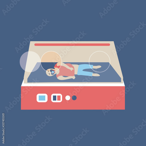 Newborn small baby illustration vector boy inside incubator flat design style with blue red colors