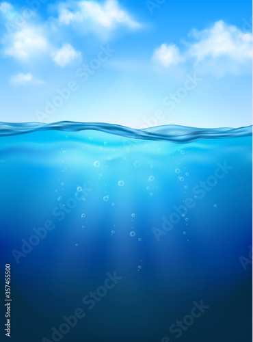 Vector realistic underwater illustrations with light beams and bubbles