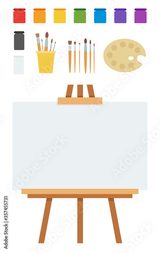 Floor easel with paints, brushes and a palette vector illustration in a flat design.