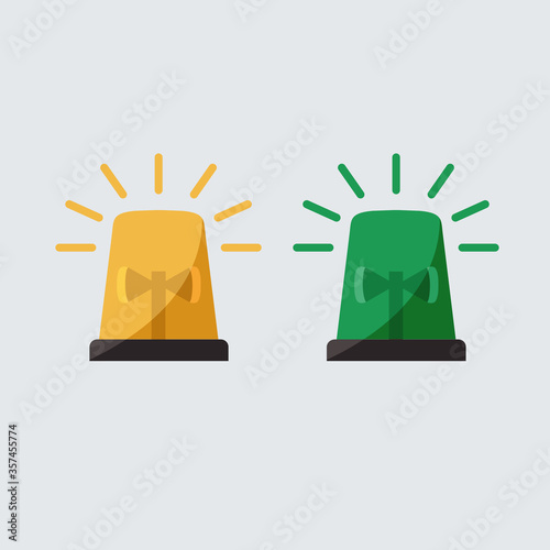 coloful vector green & yellow flashing light cartoon for Police, ambulance, or Firefighters siren sign icon. flat design concept alarm Emergency vehicle lighting isolated symbol. creative idea studio