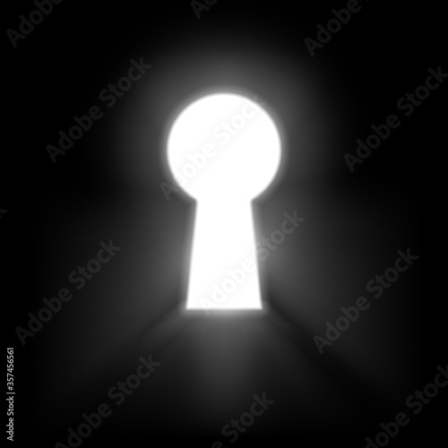 Keyhole illuminated rays of light isolated on black background. White keyhole symbol of hope or success. Vector photo