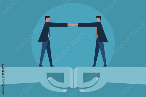Illustration of two businessmen doing bro fist bumps.