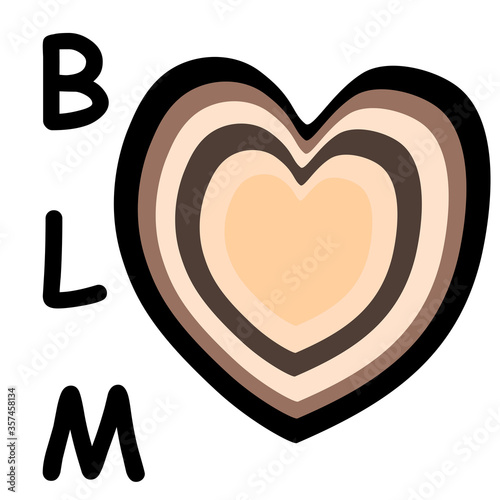 BLM or Black lives matter concept. Text of BLM and multicolor heart on white background. Vector and Illustration.