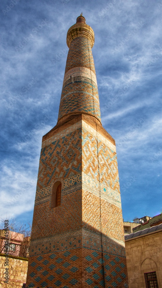 Siirt Great Mosque Ulu Cami Minaret with Seljuk Empire blue mosaic pattern 12th century architecture Siirt,Turkey