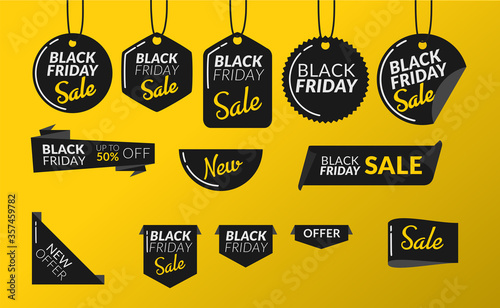 Black friday sale tags collection isolated. Vector price ribbon banners isolated on black background.
Banners e faixas para anuncios