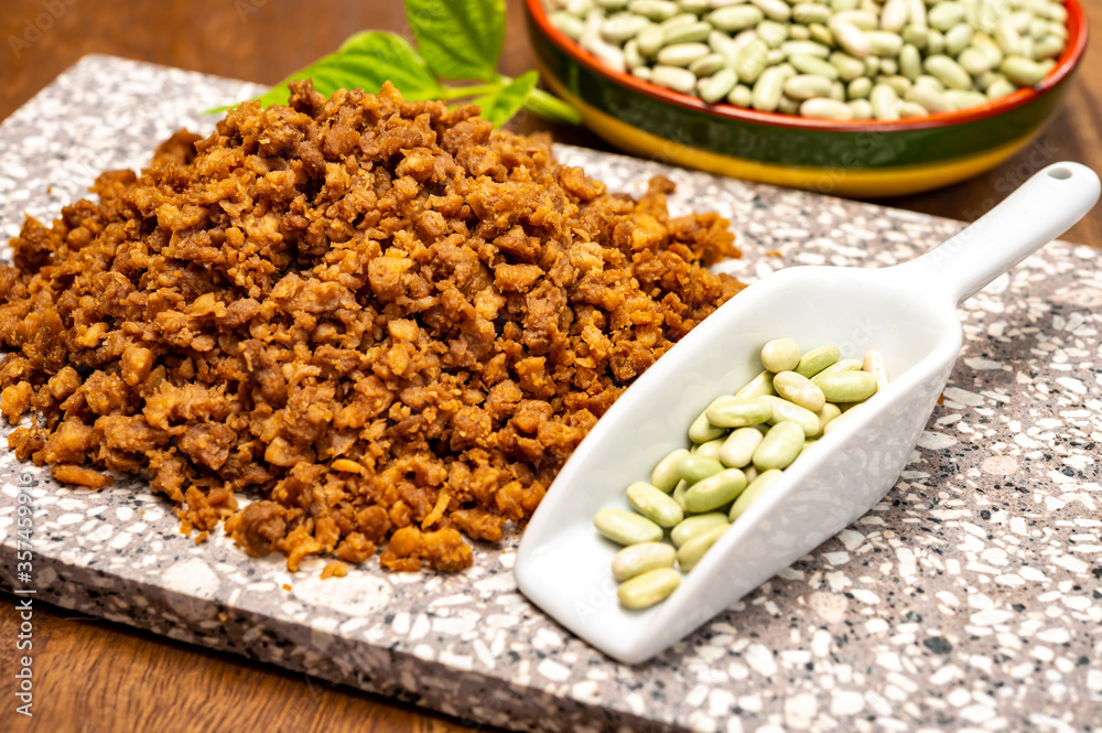 Source of fibre plant based vegan soya protein minced meat, meat free healthy food Source of fibre plant based vegan soya protein minced meat, meat free healthy food