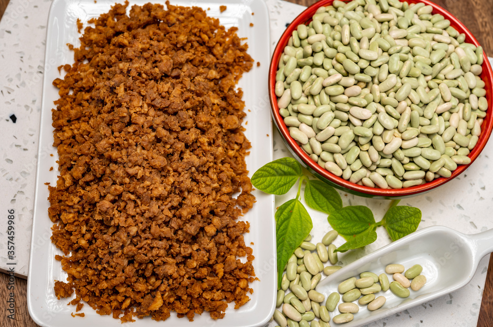 Source of fibre plant based vegan soya protein minced meat, meat free healthy food Source of fibre plant based vegan soya protein minced meat, meat free healthy food